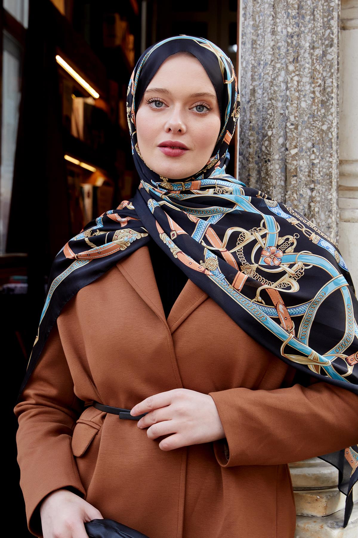 Fivescarf Siyah-Mavi Kemer Desen Vual İpek Şal