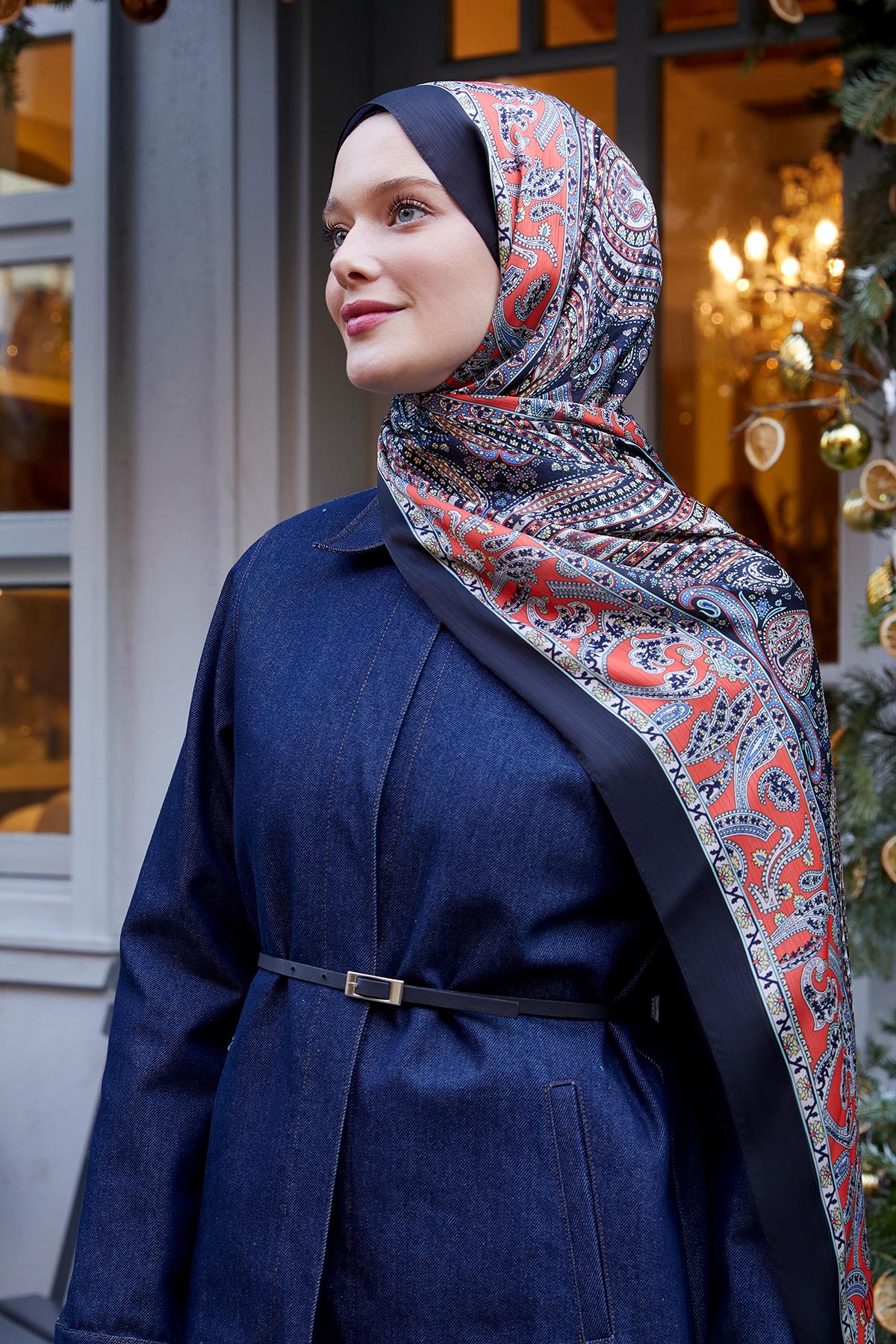 Fivescarf Siyah-Oranj Etnik Desen Brand Şal