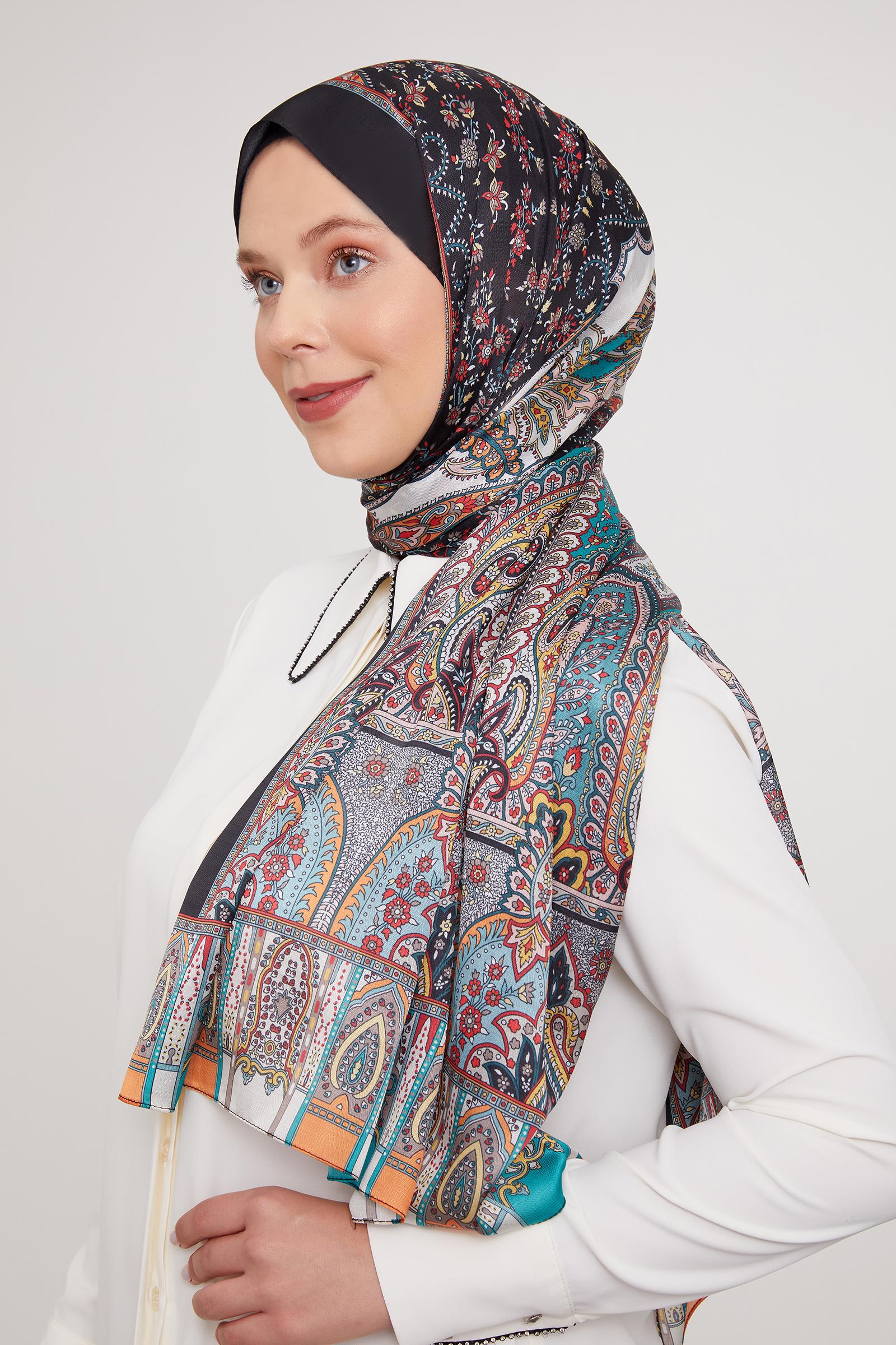 Fivescarf Siyah-Oranj Etnik Desen Vual İpek Şal