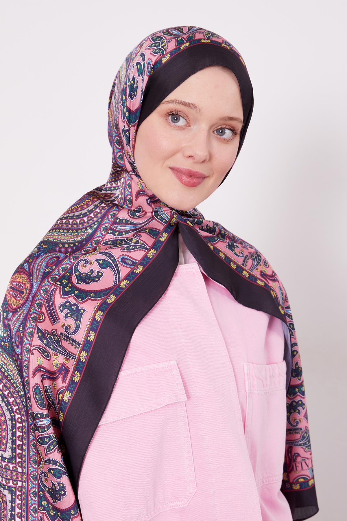 Fivescarf SİYAH-PEMBE Etnik Desen Brand Şal
