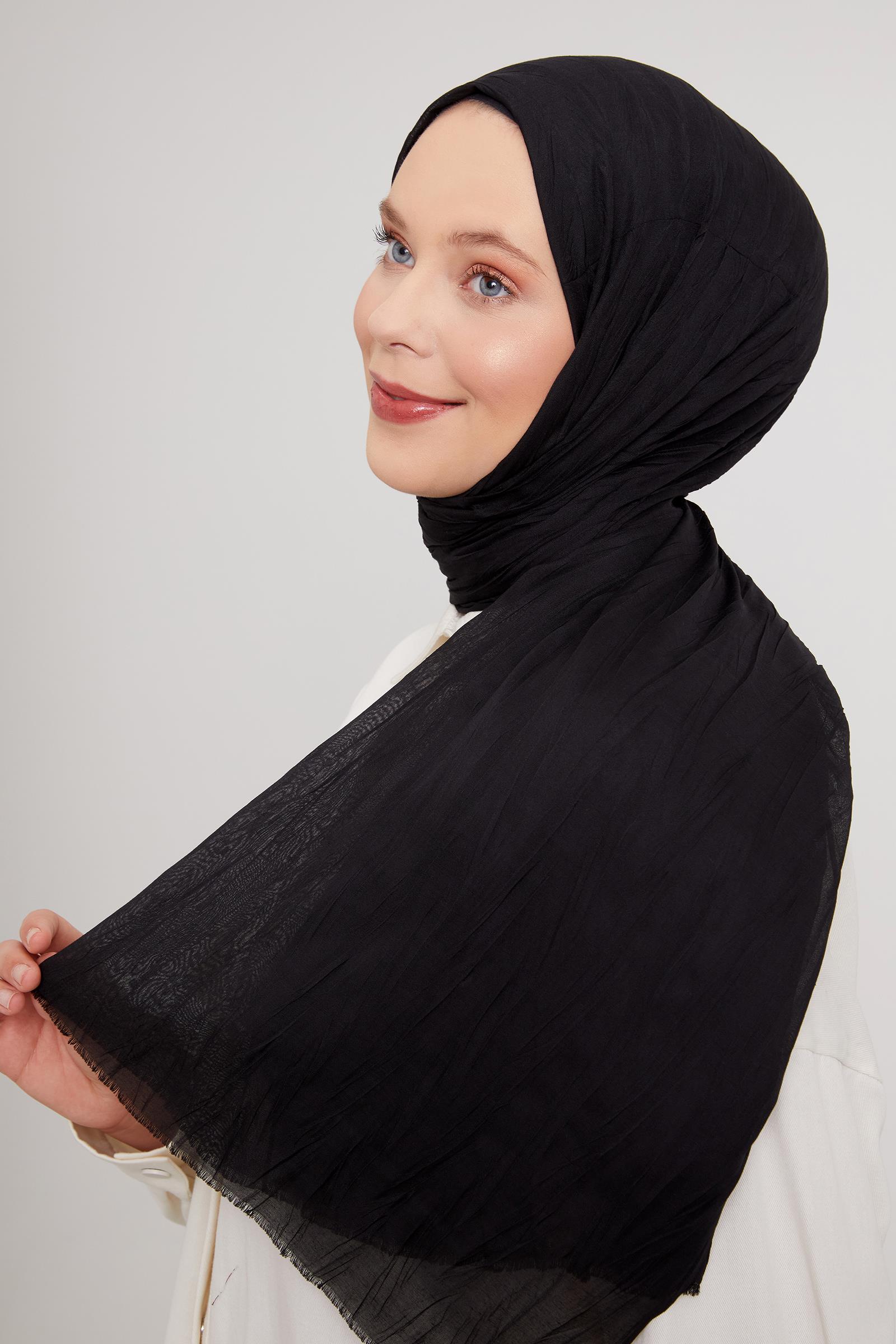 Fivescarf Siyah Pliseli Pamuklu Şal