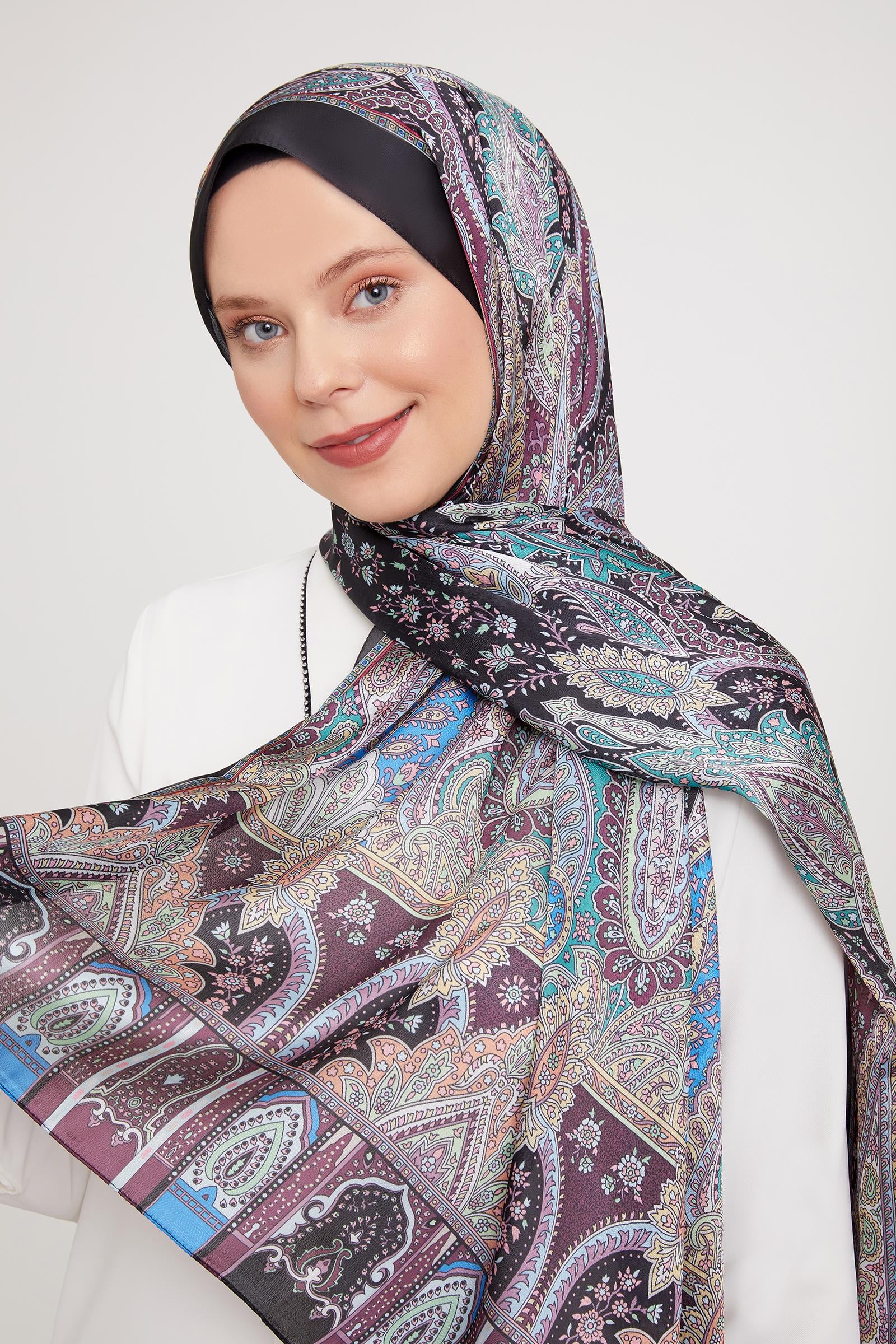 Fivescarf Siyah-Saks Etnik Desen Vual İpek Şal