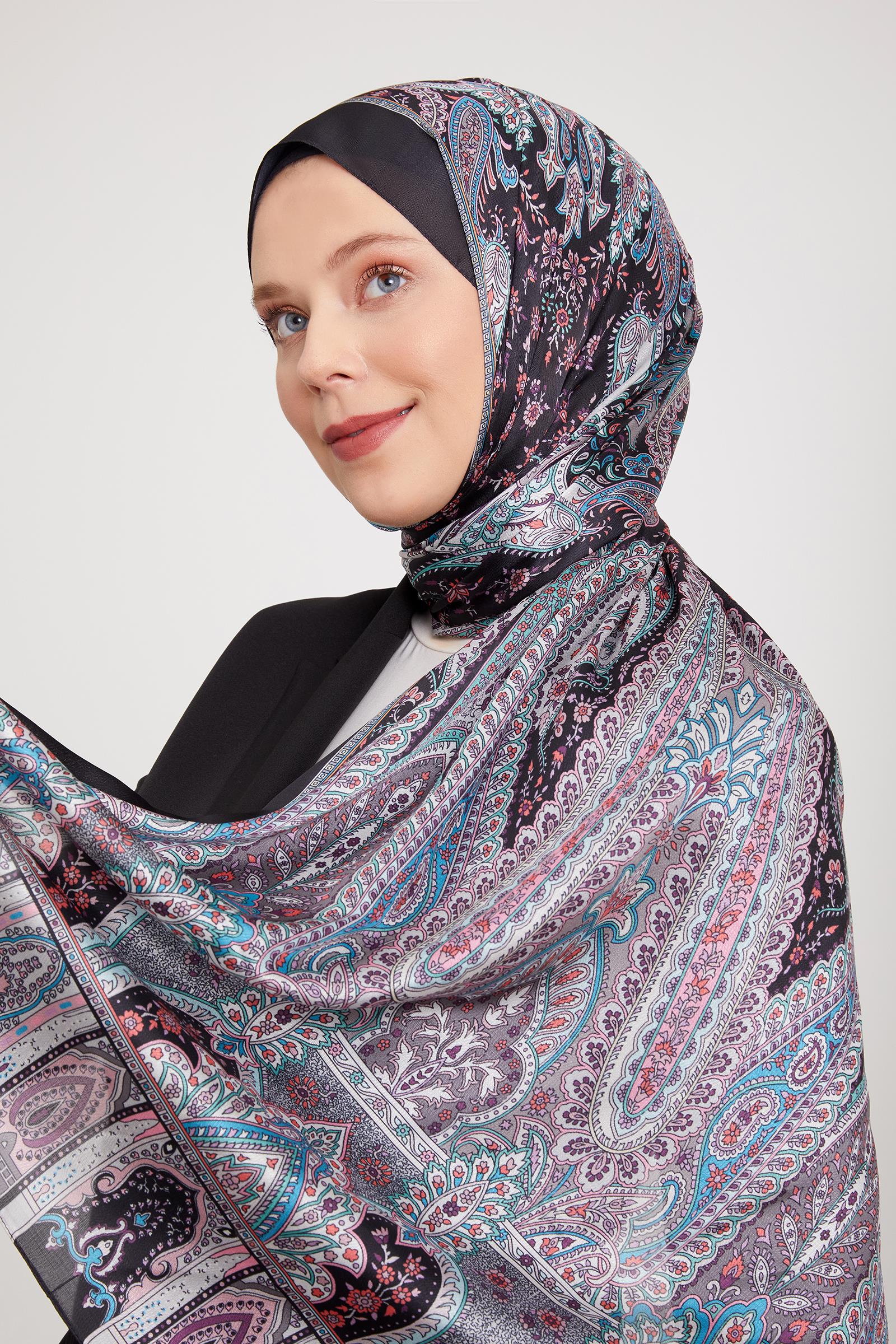 Fivescarf Siyah-Taş Etnik Desen Vual İpek Şal