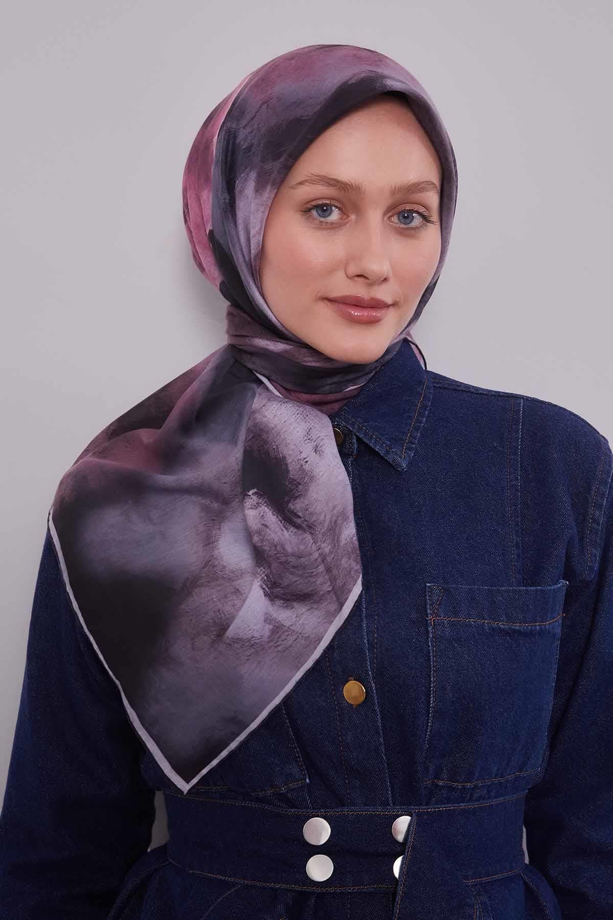 Fivescarf Siyah-Vizon Lotus Çiçeği Silk Coton Eşarp