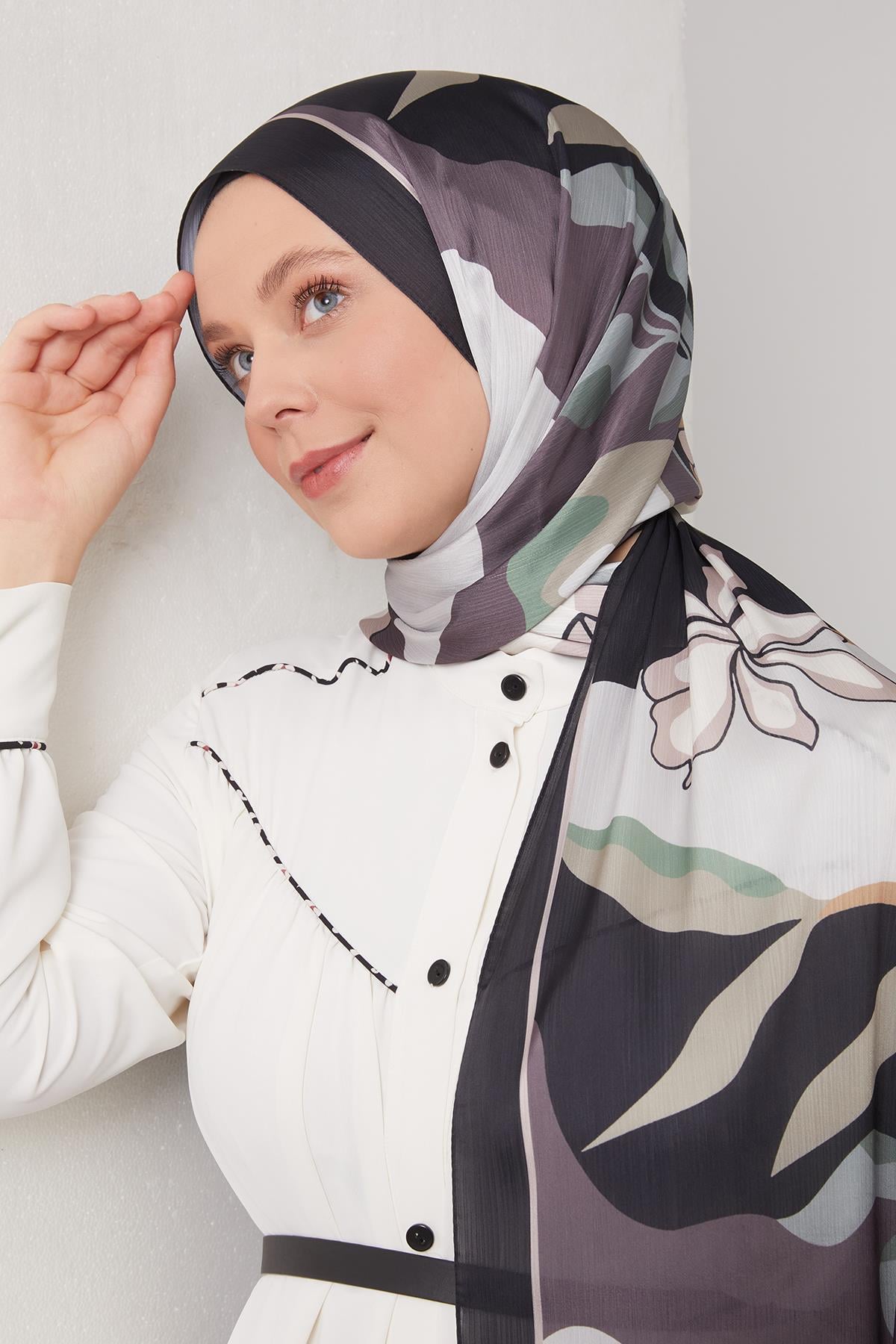Fivescarf Siyah-Vizon Soyut Çiçek Desen Brand Şal