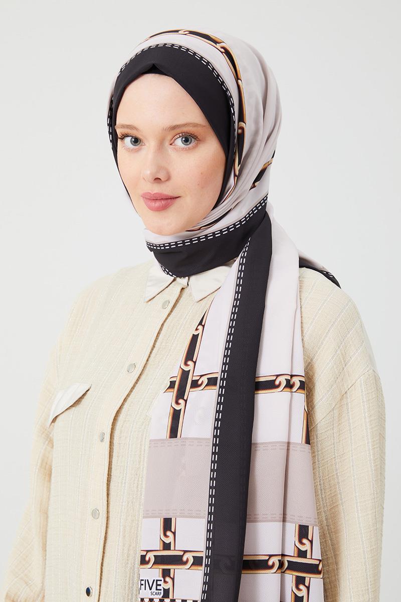 Fivescarf Siyah Zincir Desen Violet Medine İpeği Şal
