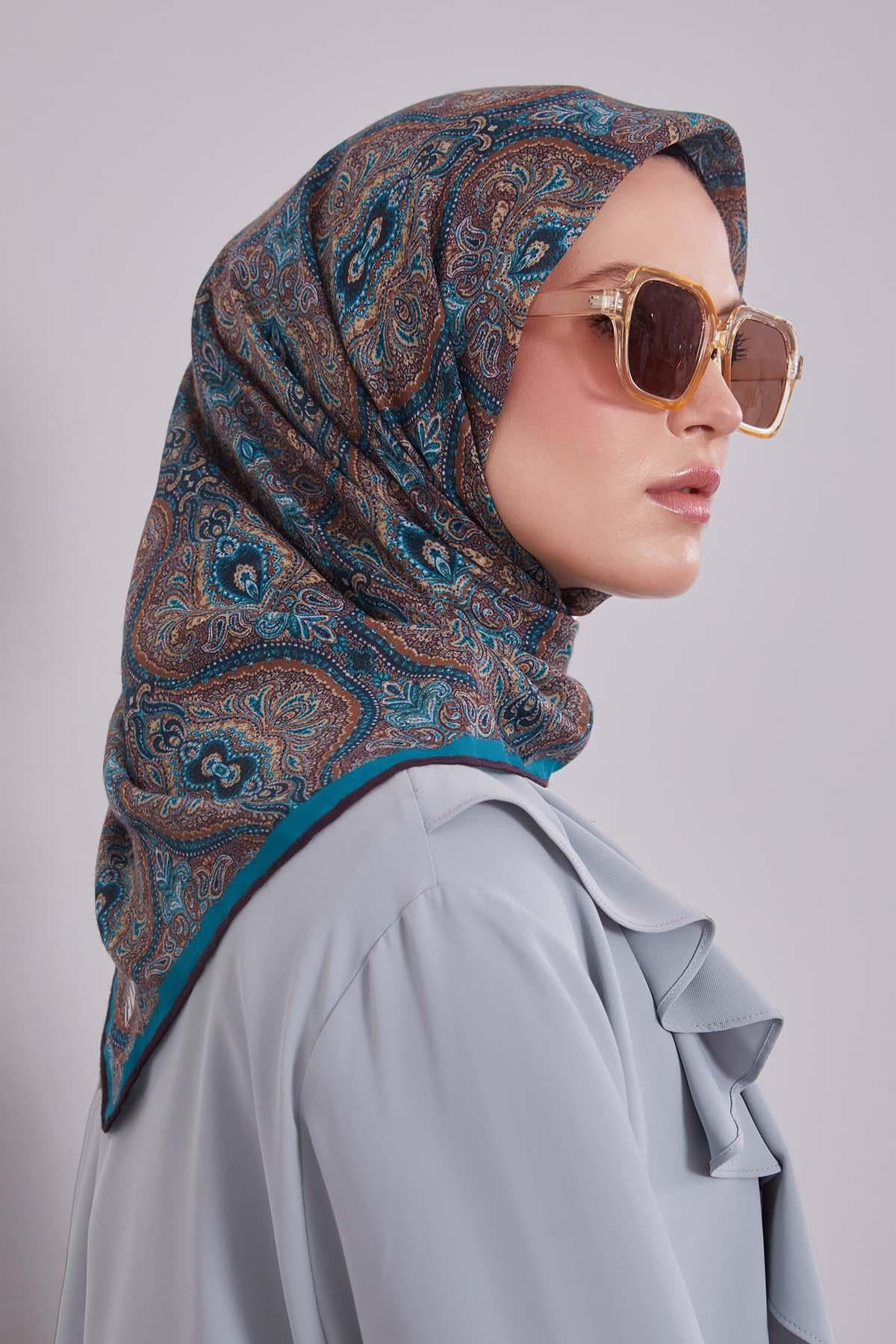 Fivescarf Su Yeşili Çini Desen Silk Coton Eşarp