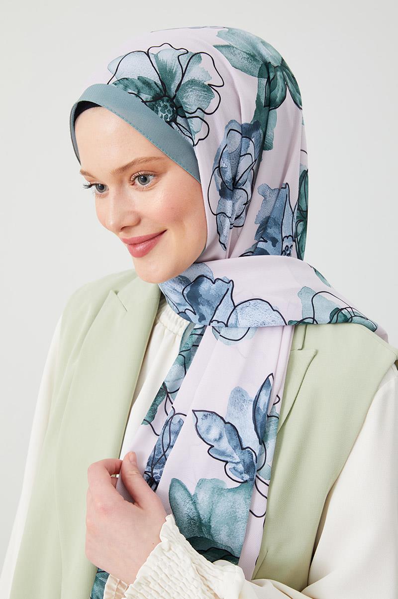 Fivescarf Su Yeşili Gül Desen Violet Medine İpeği Şal