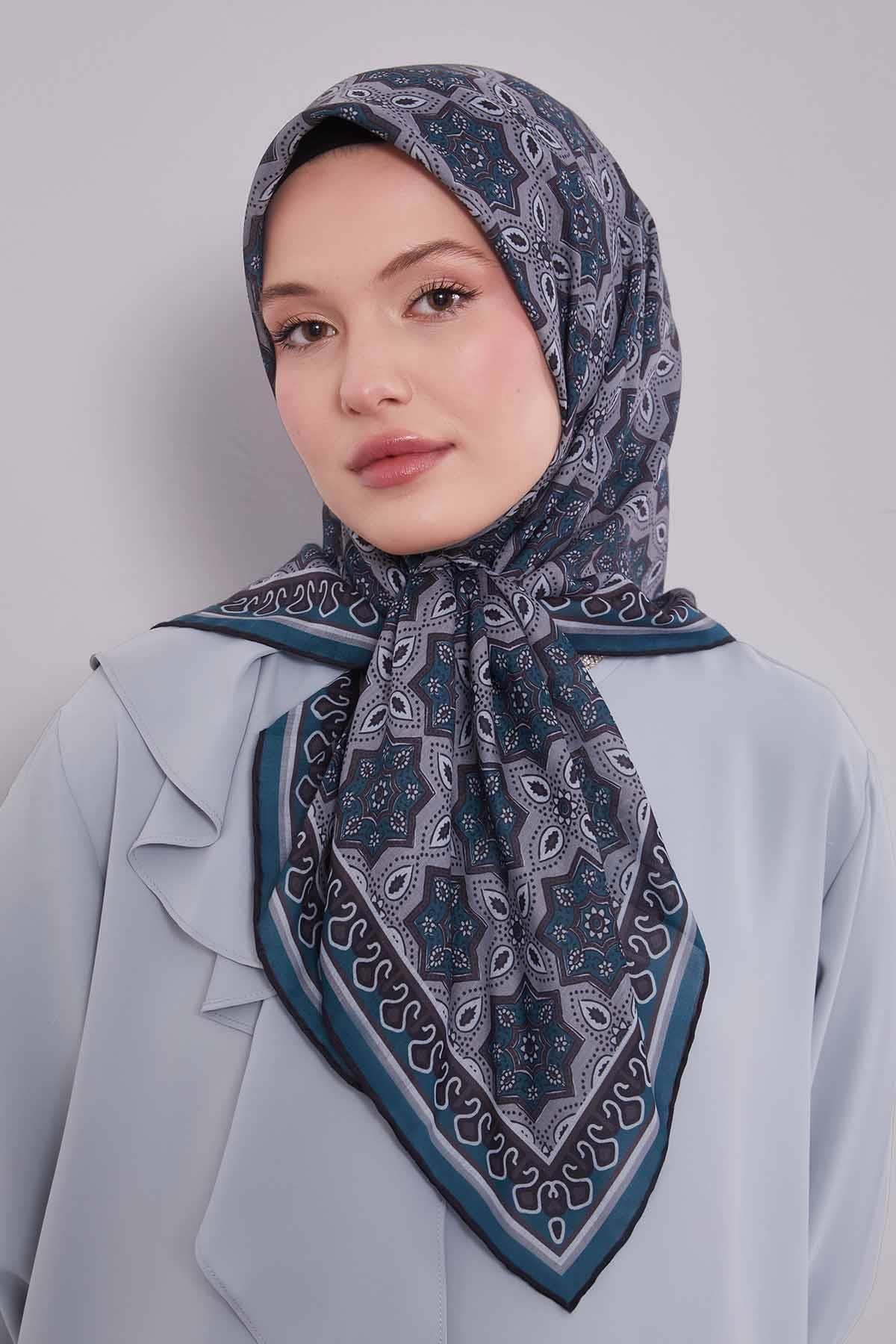 Fivescarf Su Yeşili Motif Desen Silk Coton Eşarp
