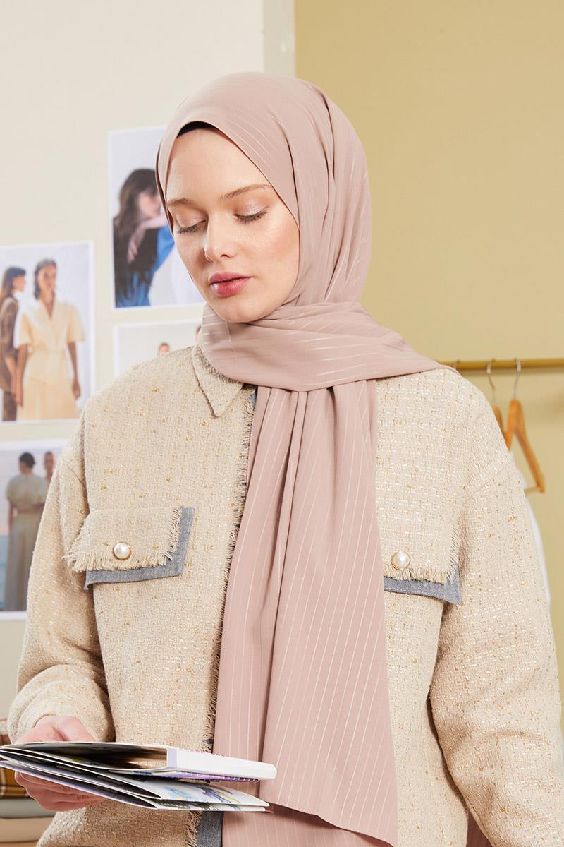Fivescarf Sütlü Kahve Çizgili Desen Mood Medine İpeği Şal