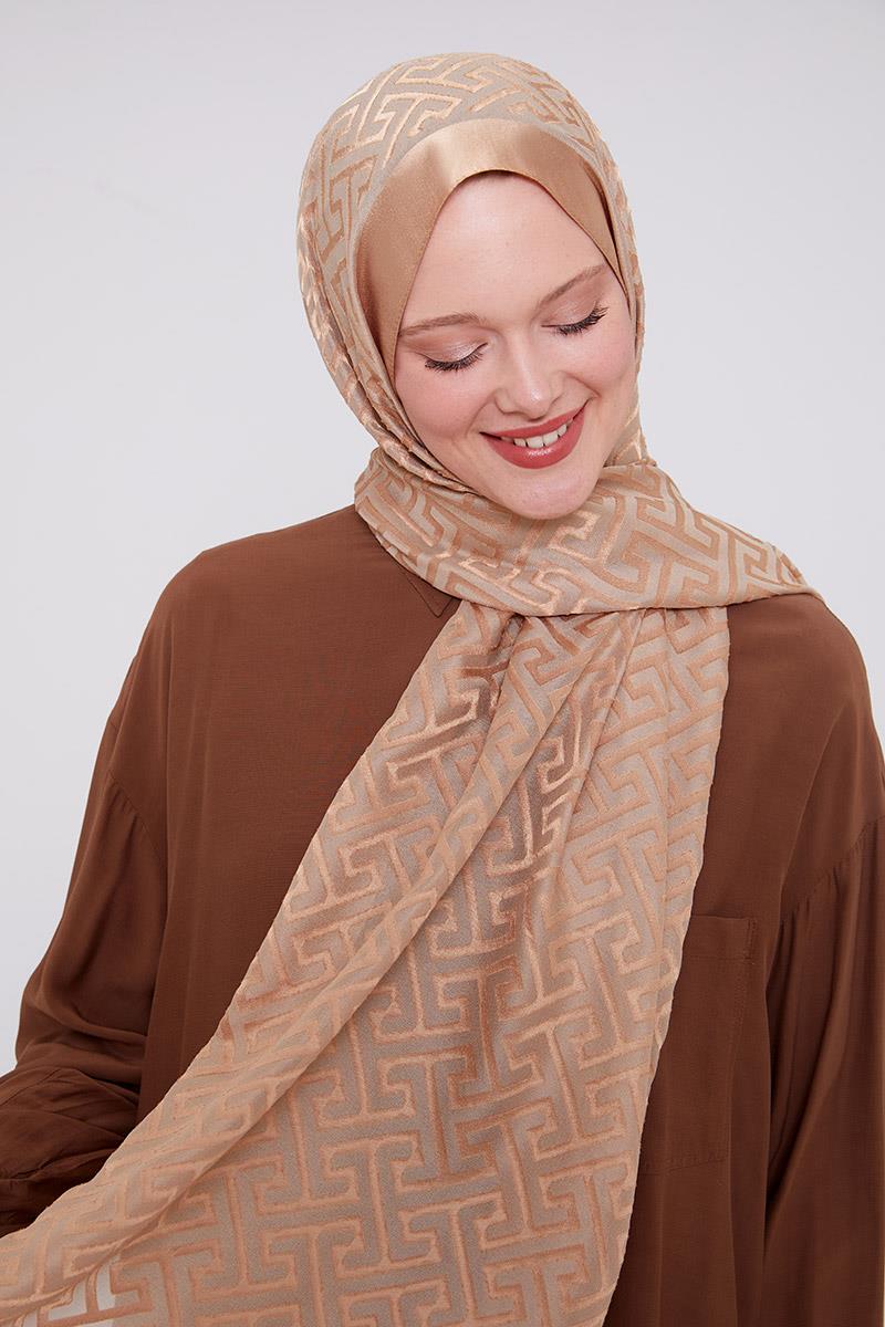 Fivescarf Sütlü Kahve Labirent Desen Deluxe Devore Şal