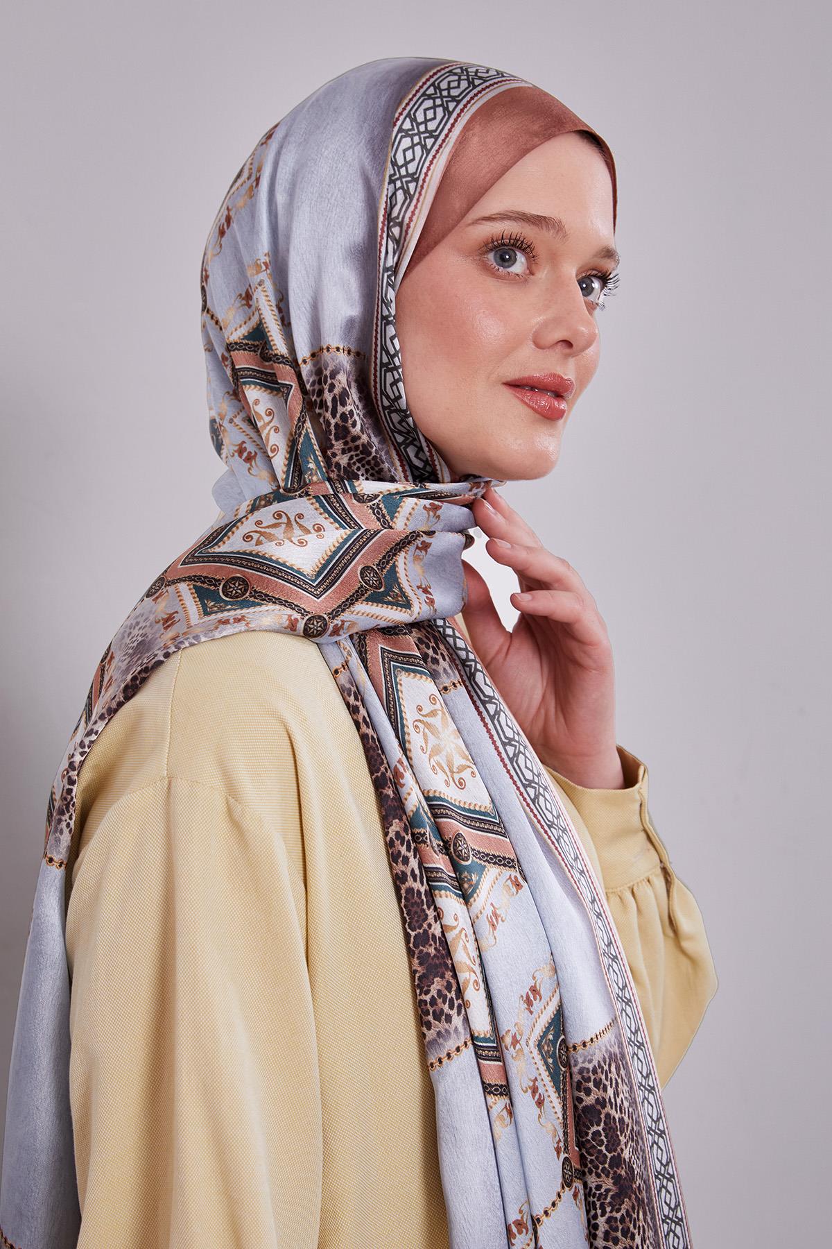 Fivescarf Taba Geometrik Desen Vual İpek Şal