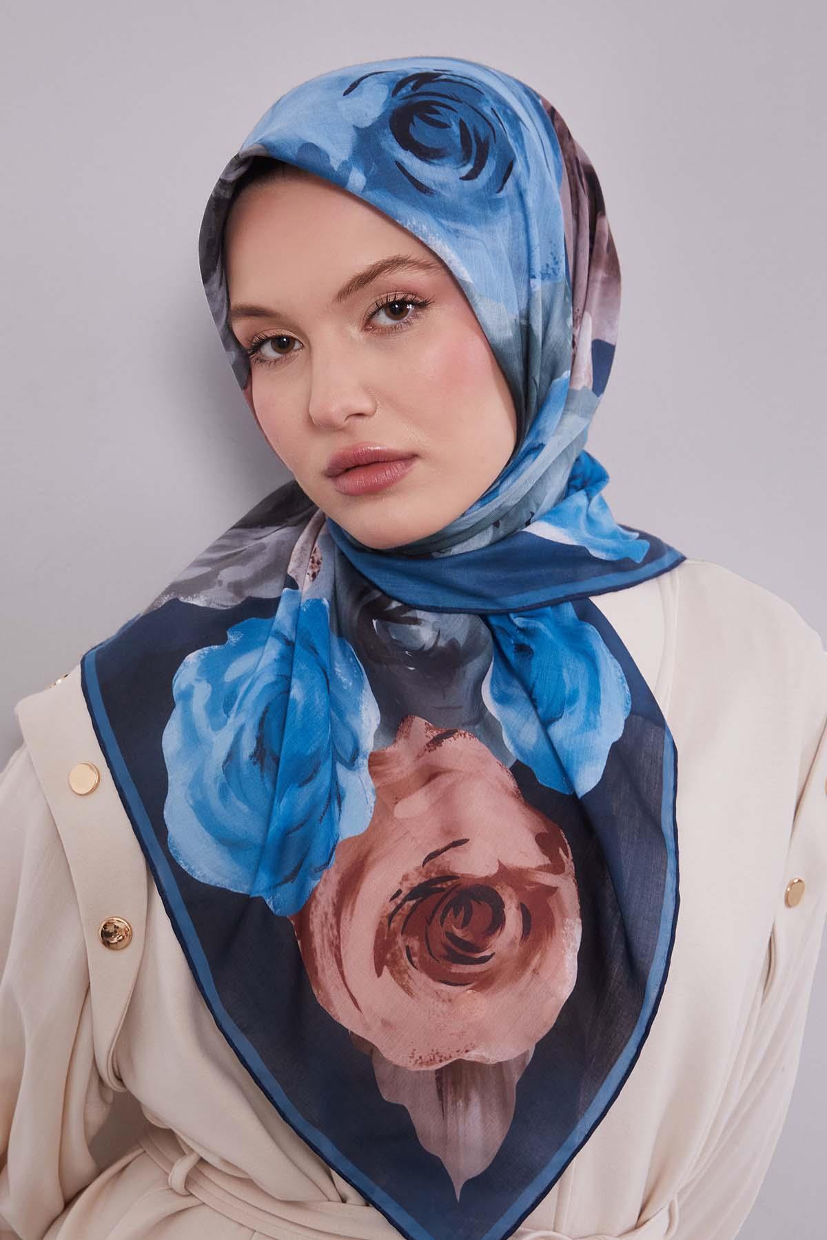 Fivescarf Turkuaz Çiçek Desen Slik Coton Eşarp