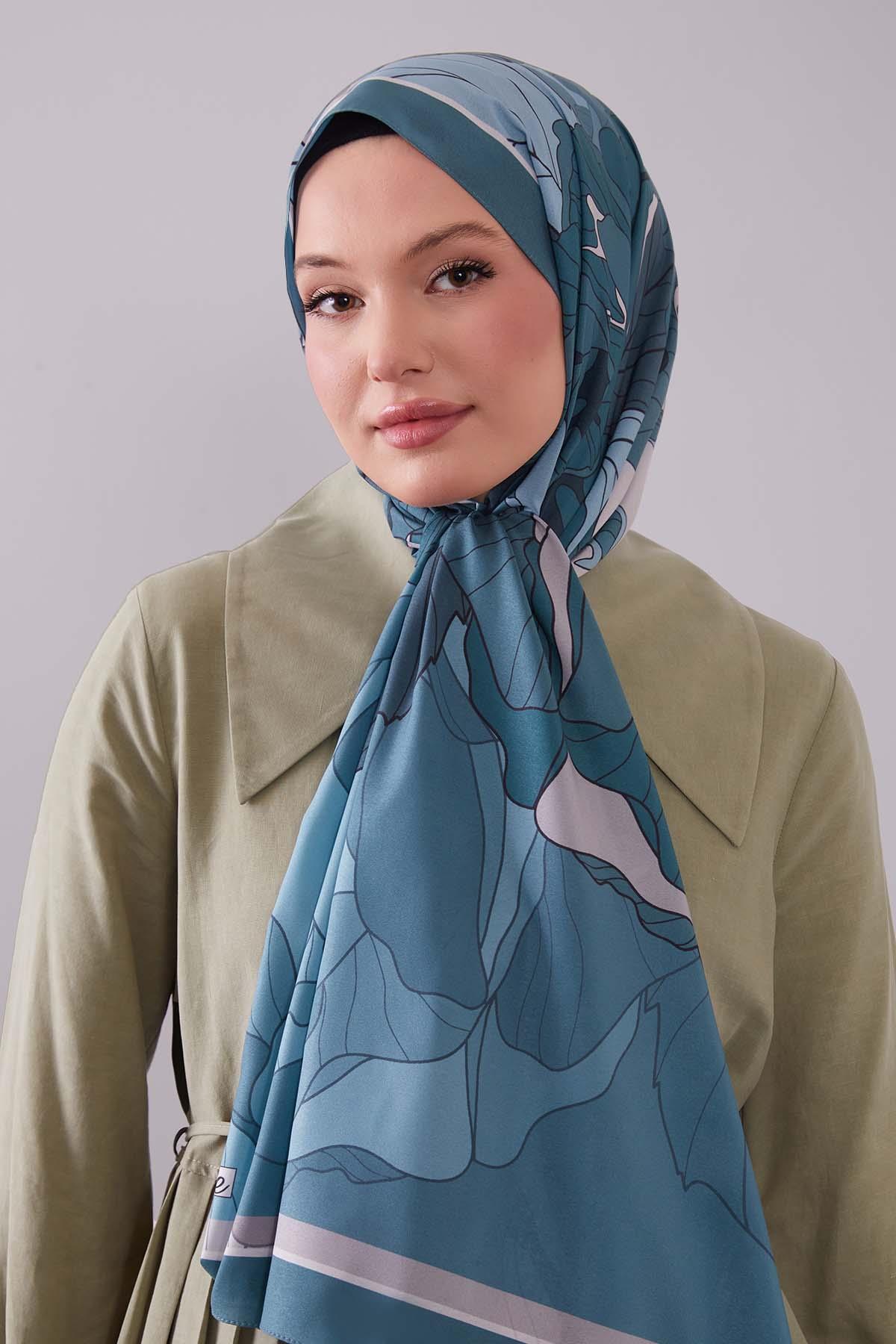 Fivescarf Turkuaz Çiçekli Floral Desen Moos Chrep Şal