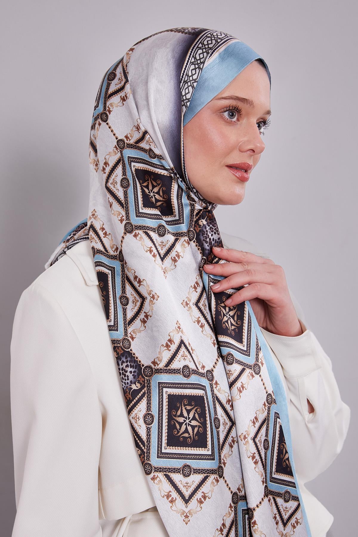 Fivescarf Turkuaz Geometrik Desen Vual İpek Şal