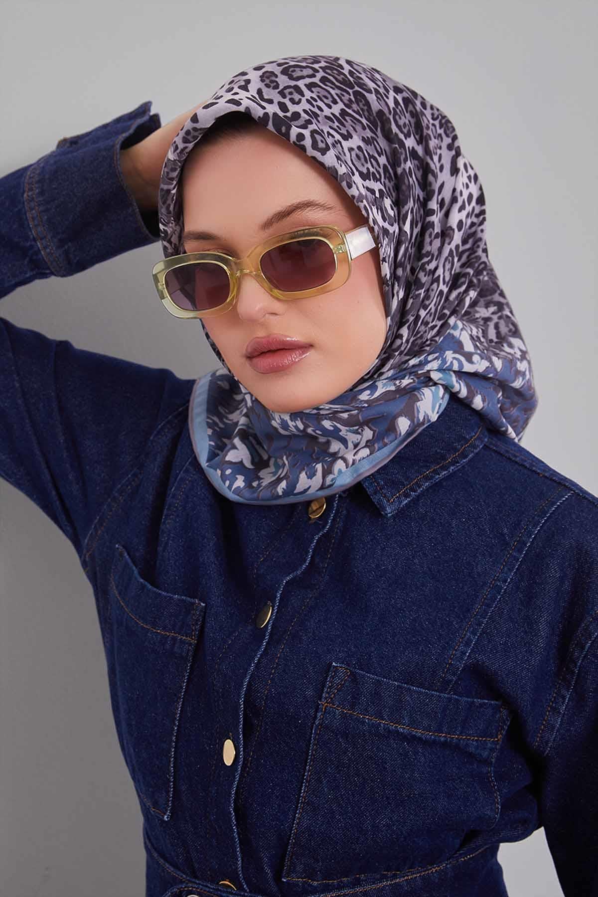 Fivescarf Turkuaz Karışık Leopar Desen Silk Coton Eşarp