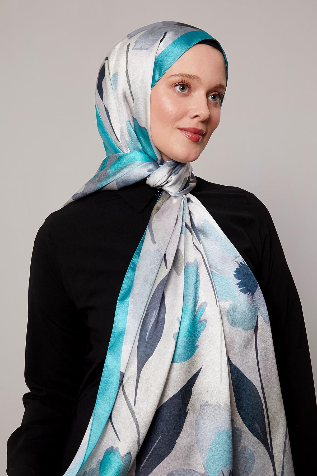 Fivescarf Turkuaz Somut Çiçek Desenli Vual İpek Şal