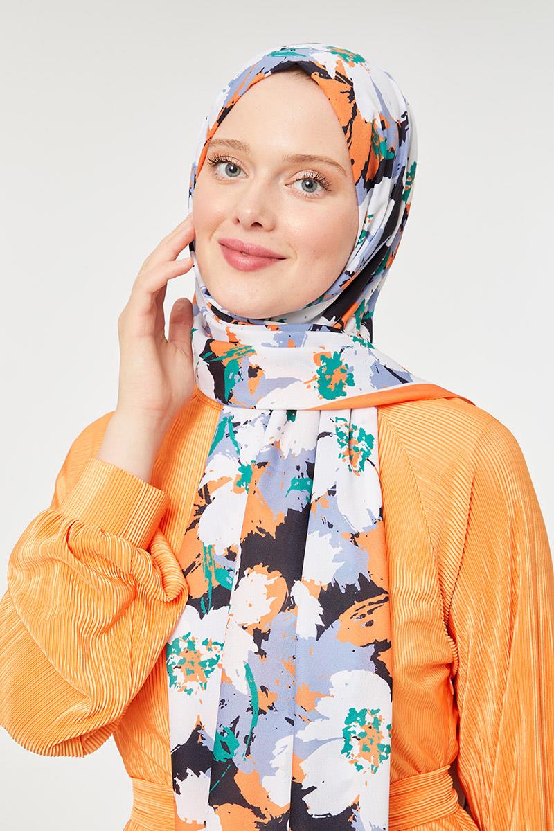 Fivescarf Turuncu Büyük Çiçek Desenli Mono Şal