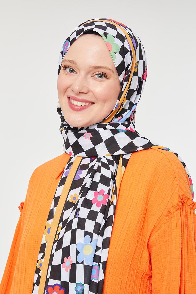 Fivescarf Turuncu Çiçek Desen Mono Krep Şal