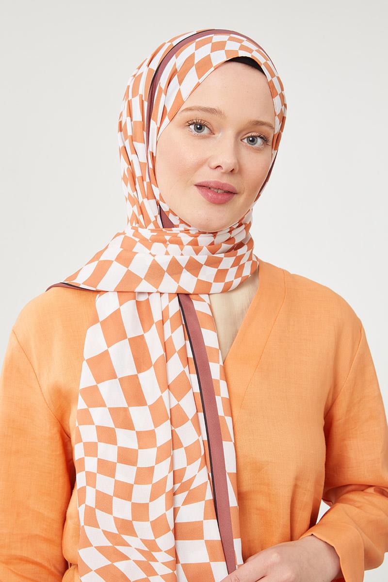 Fivescarf Turuncu Dama Desen Mono Krep Şal