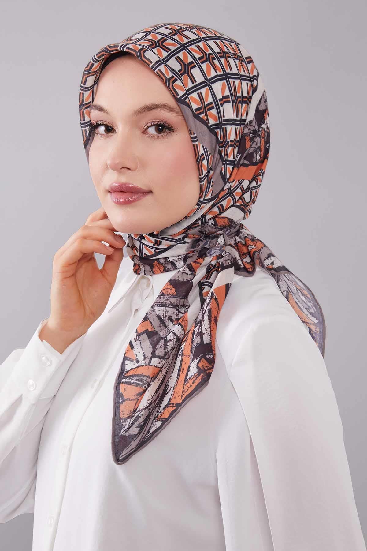 Fivescarf Turuncu Geometri Desen Silk Cotton Eşarp