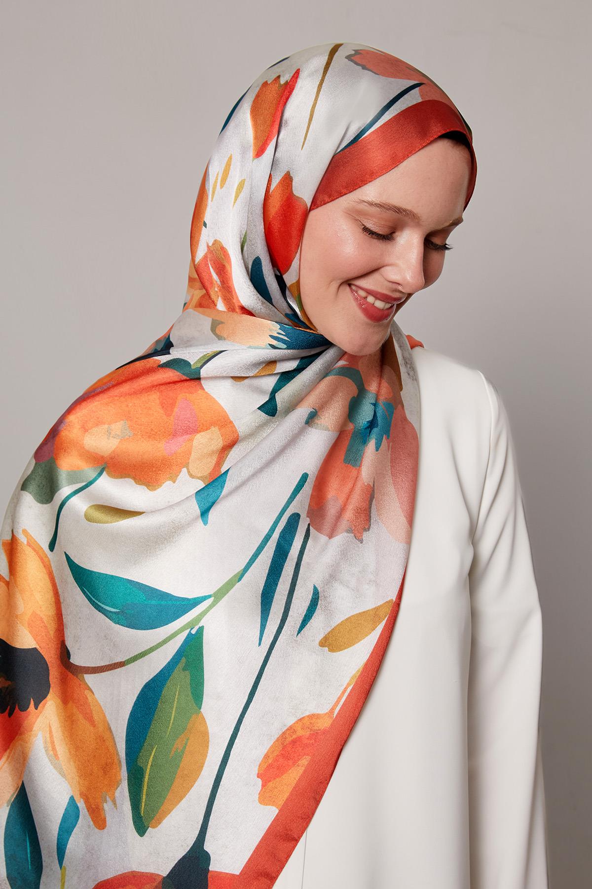 Fivescarf Turuncu Somut Çiçek Desenli Vual İpek Şal