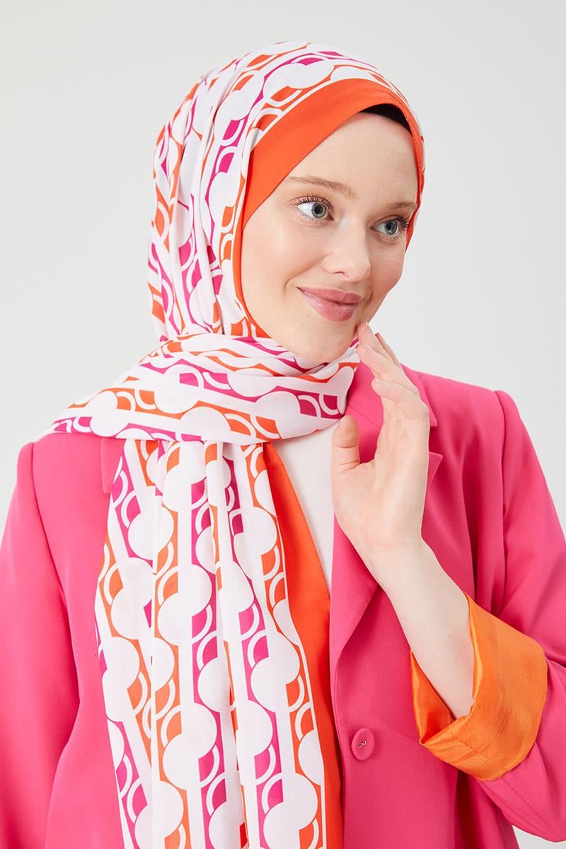 Fivescarf Turuncu Yuvarlak Desen Violet Medine İpeği Şal