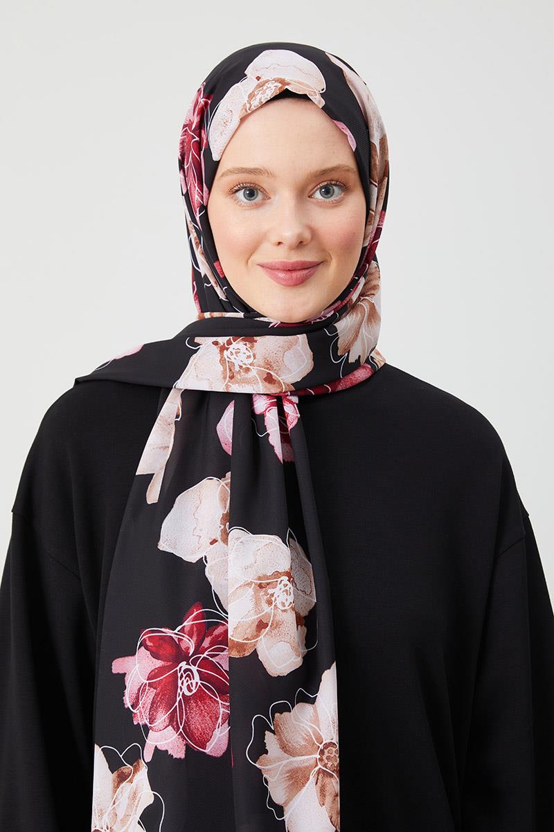 Fivescarf Vişne Gül Desen Violet Medine İpeği Şal