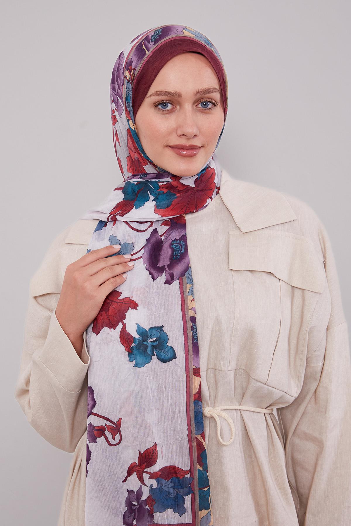 Fivescarf Vişne Kenar Çiçek Desenli Craze Comfort Şal