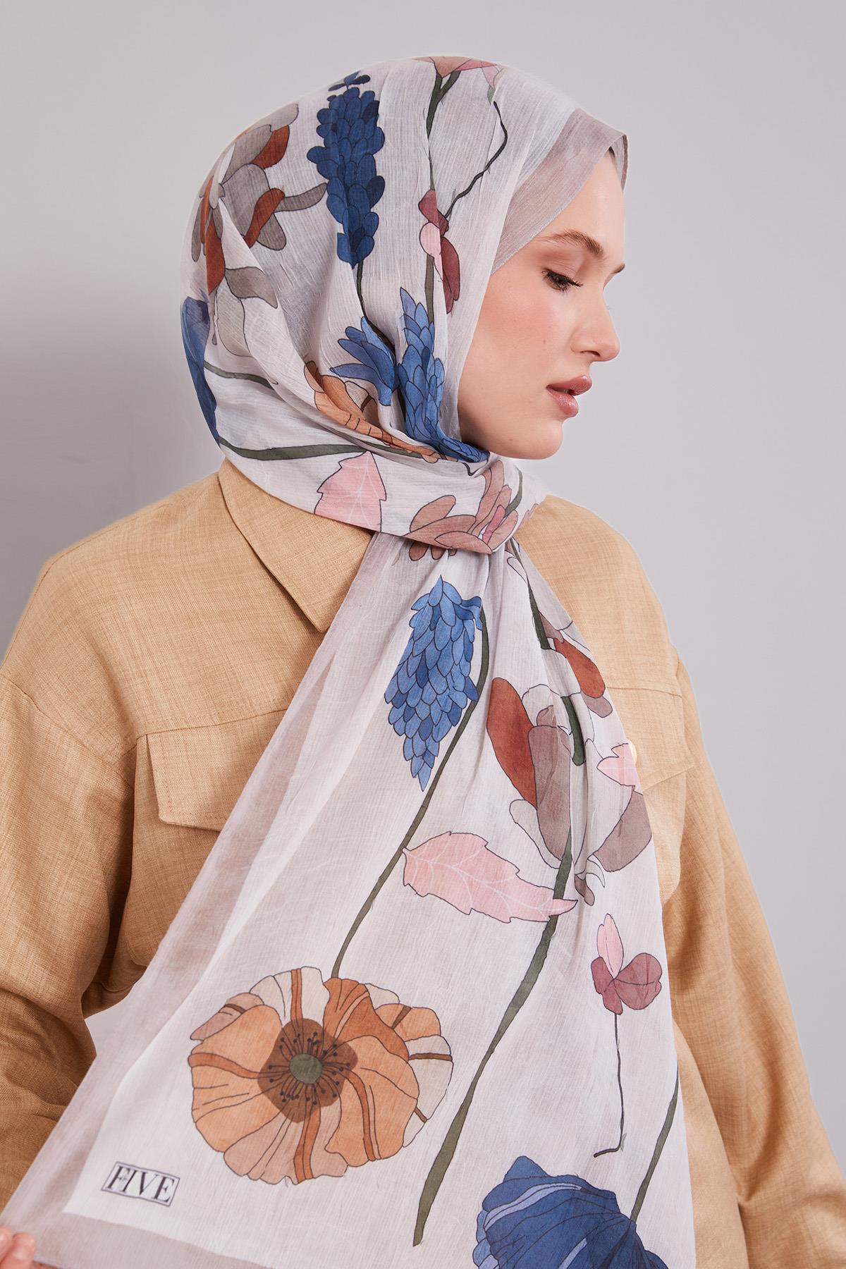 Fivescarf Vizon Büyük Çiçek Desenli Craze Comfort Şal