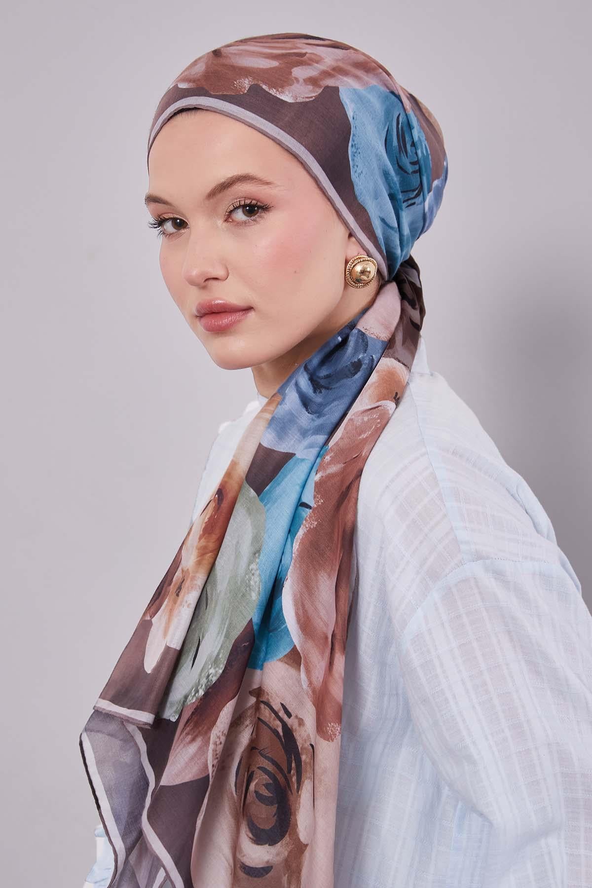 Fivescarf Vizon Çiçek Desen Slik Coton Eşarp