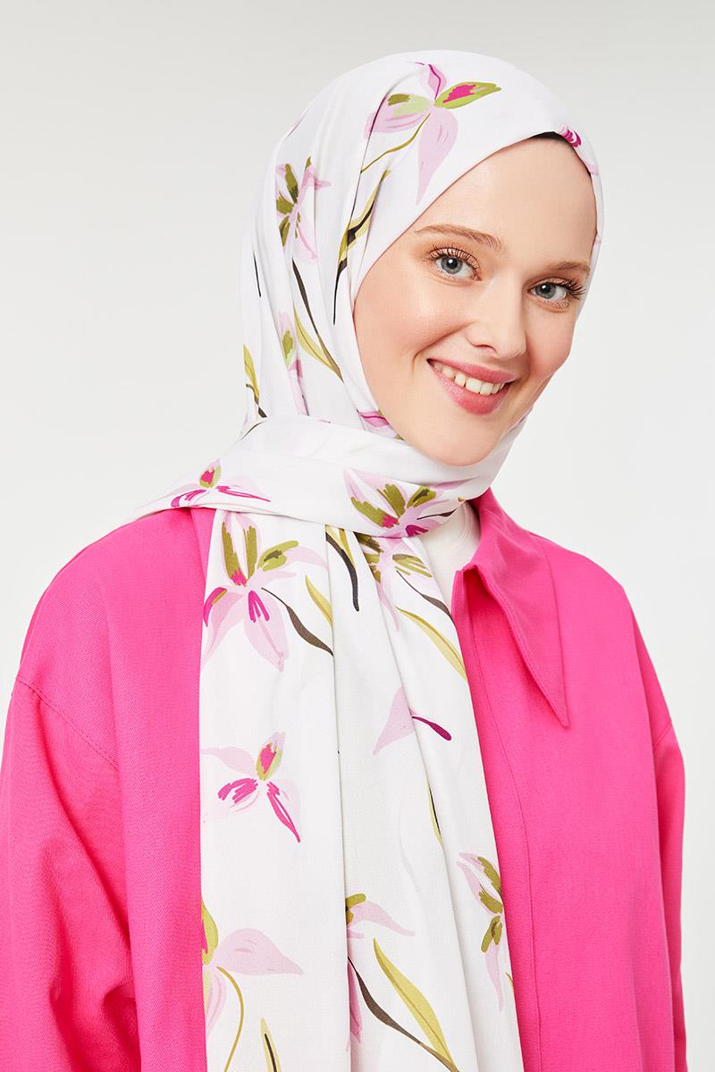Fivescarf Yağ Yeşili Çiçek Baskılı Mono Krep Şal