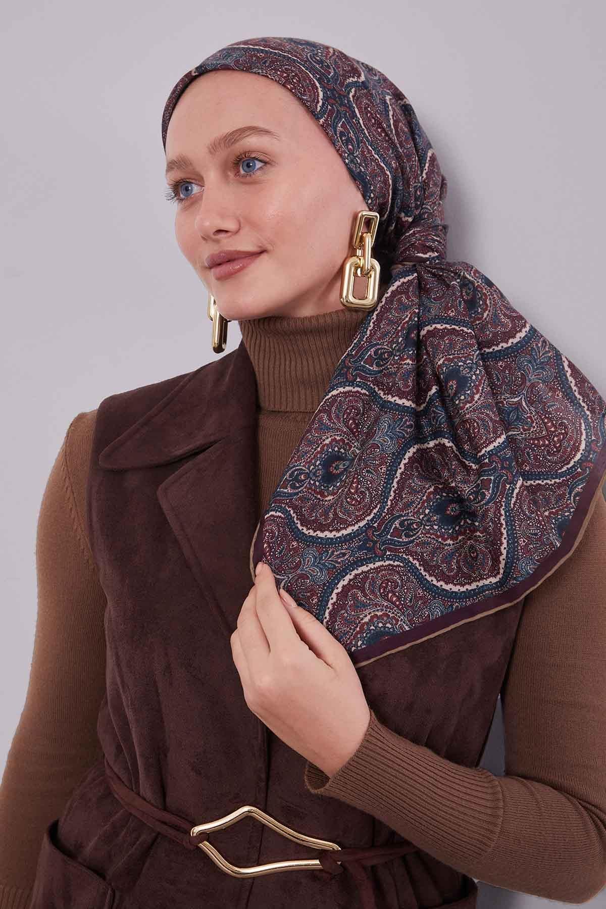Fivescarf Yağ Yeşili Çini Desen Silk Coton Eşarp