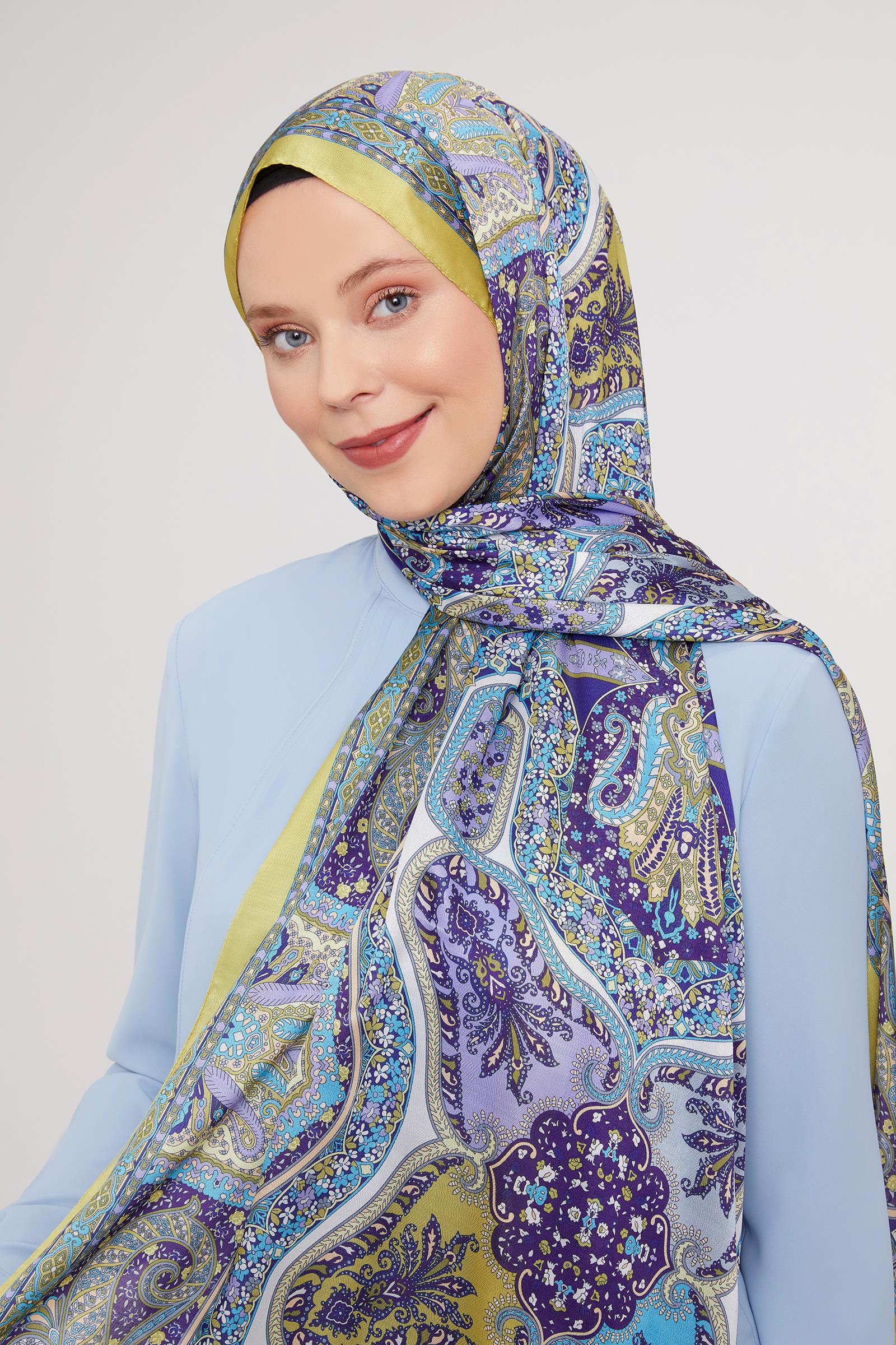 Fivescarf Yağ Yeşili Etnik Baskılı Vual İpek Şal