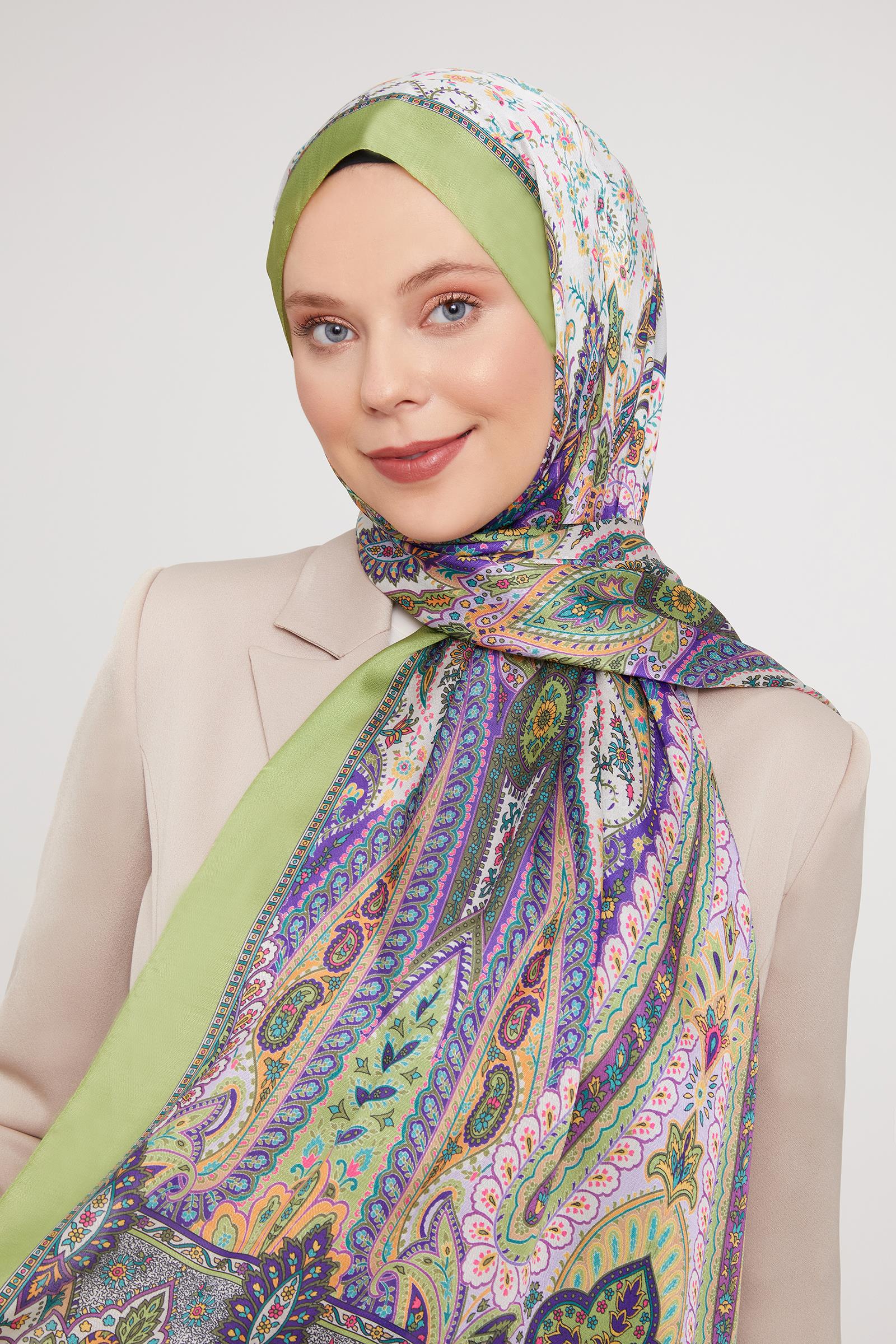 Fivescarf Yağ Yeşili Etnik Desen Vual İpek Şal