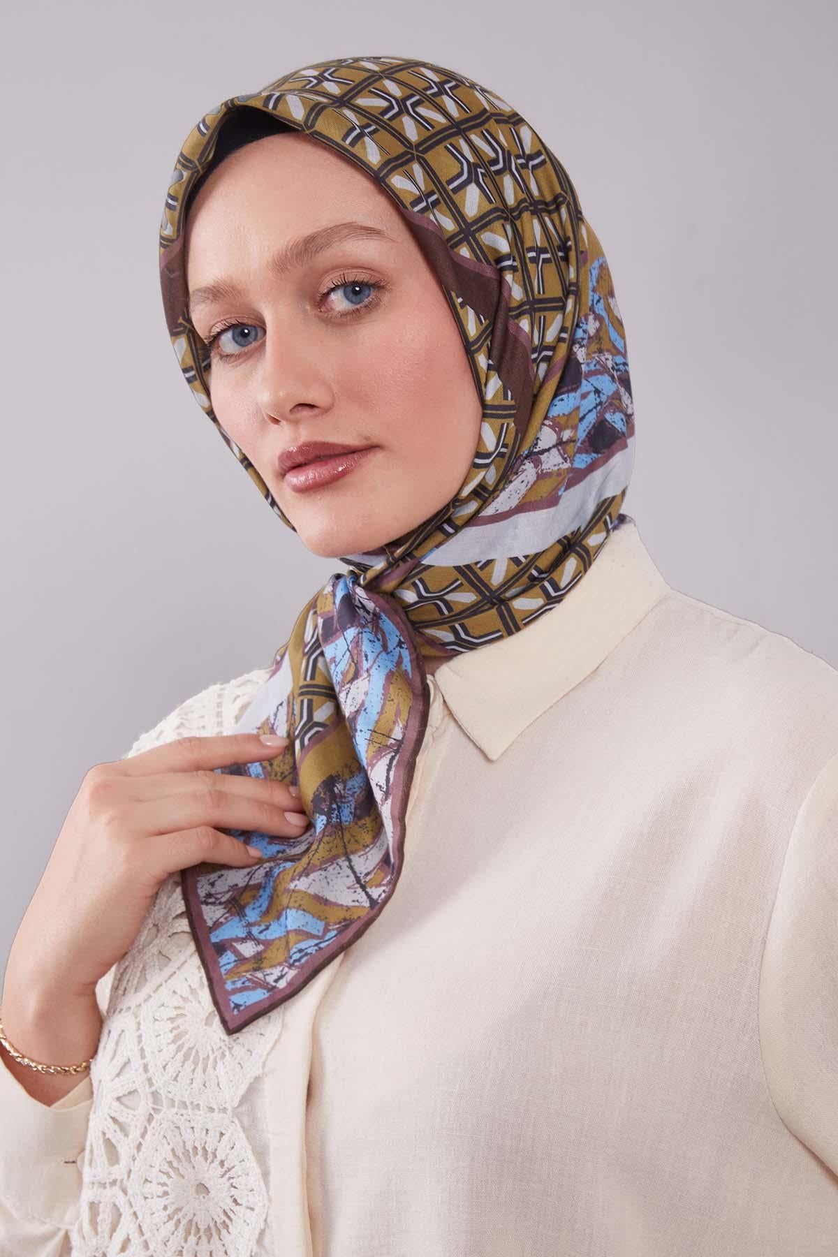 Fivescarf Yağ Yeşili Geometri Desen Silk Cotton Eşarp
