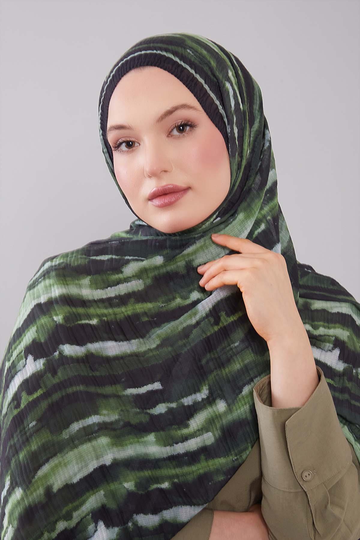 Fivescarf Yeşil Harmal Desen Müslin Cotton Şal