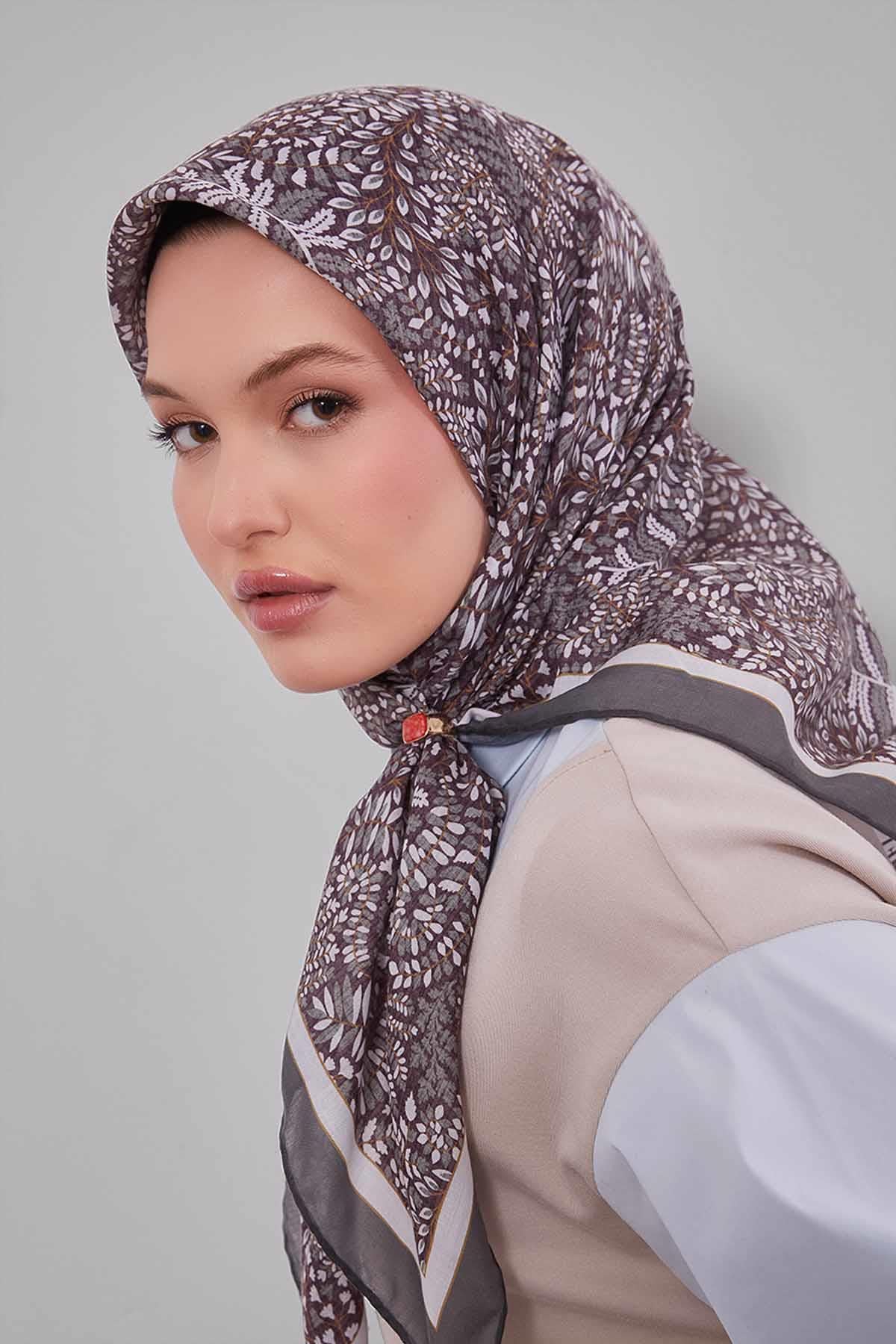 Fivescarf Yeşil Mini Yaprak Desen Silk Coton Eşarp