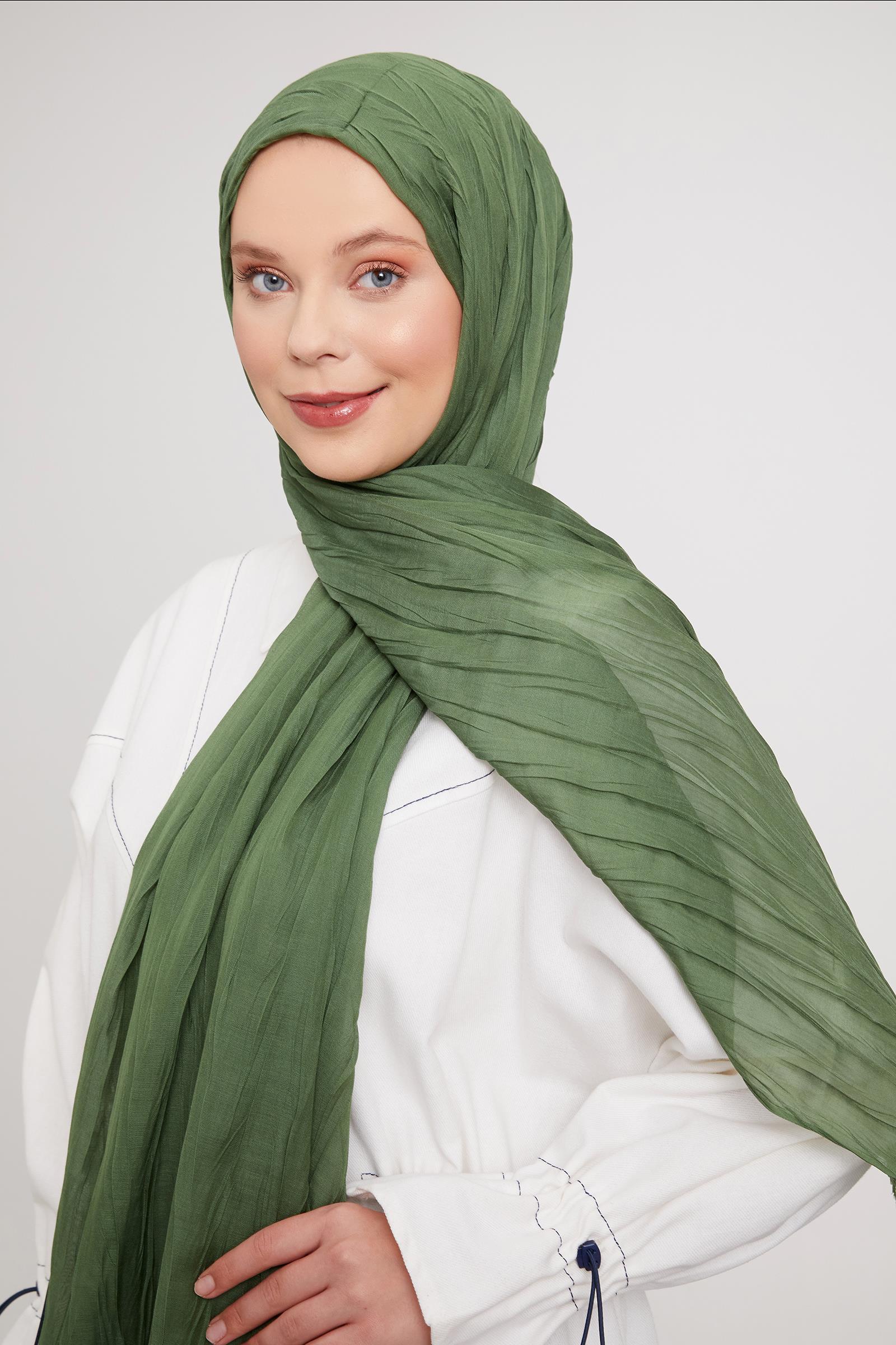 Fivescarf Yeşil Pliseli Pamuklu Şal