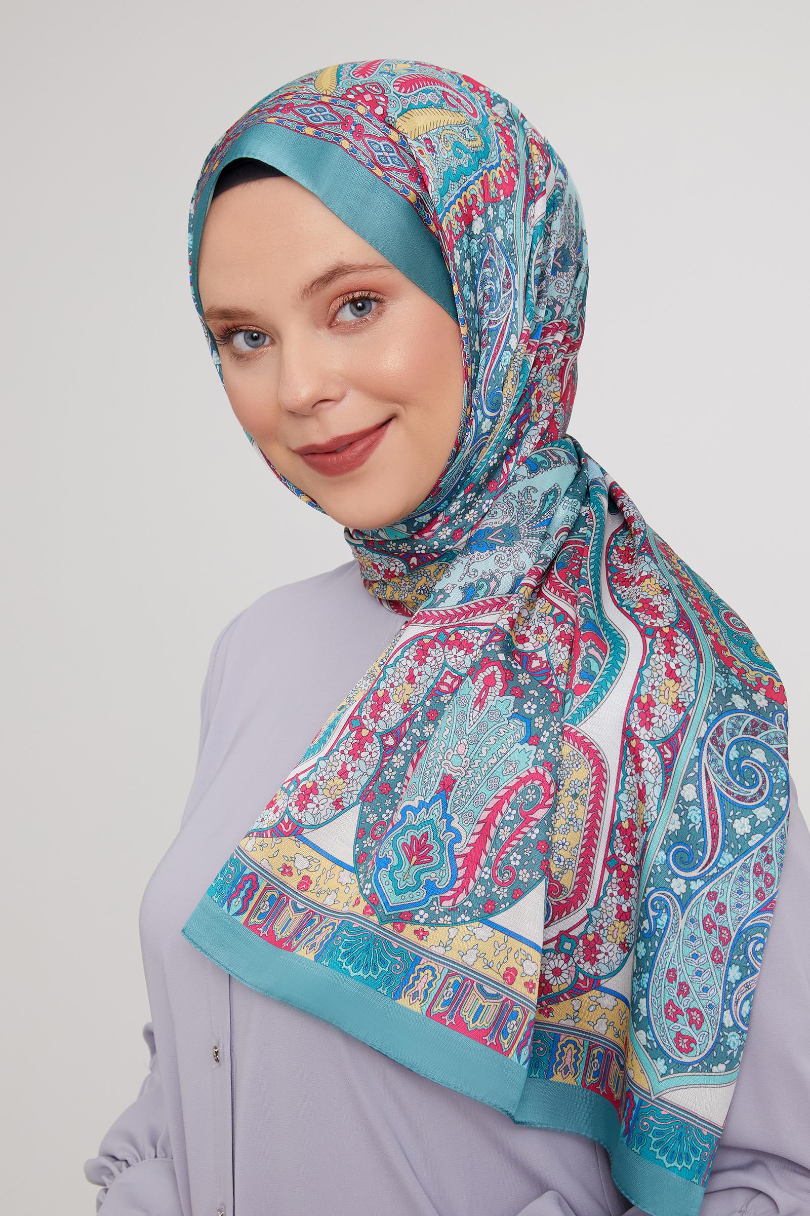 Fivescarf Yosun Yeşili Etnik Baskılı Vual İpek Şal