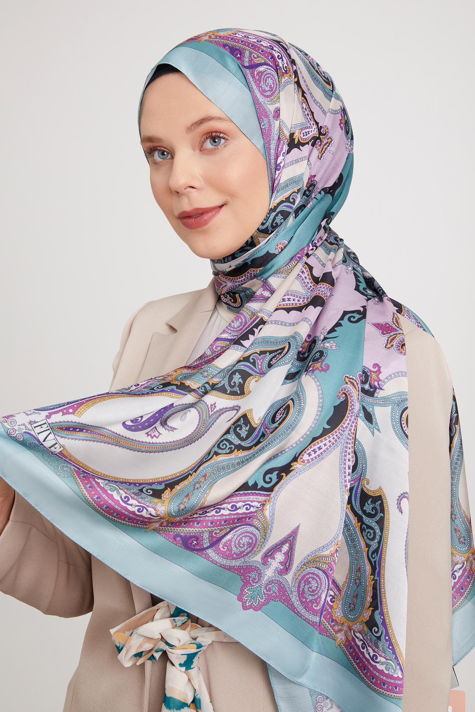 Fivescarf Yosun Yeşili Etnik Çini Desen Vual İpek Şal