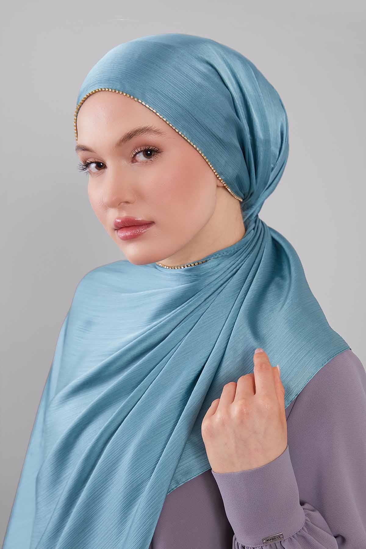 Fivescarf Yosun Yeşili Yanları Taş Şeritli Brilant Şal