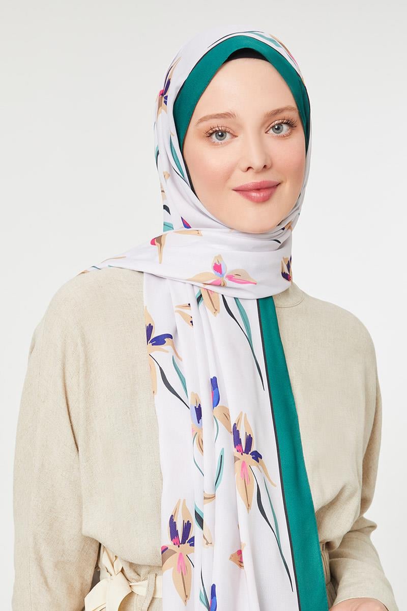 Fivescarf Zümrüt Çiçek Baskılı Mono Krep Şal