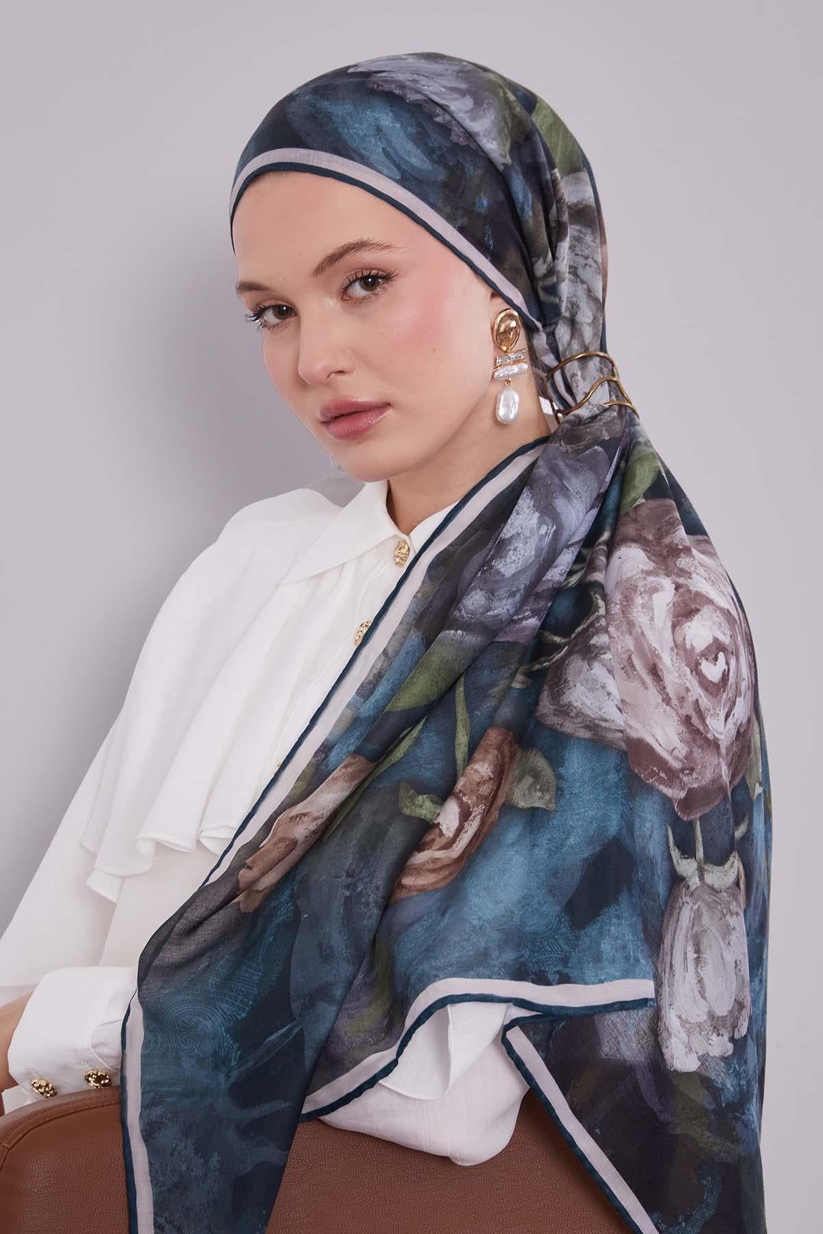 Fivescarf Zümrüt Lale Desen Silk Coton Eşarp