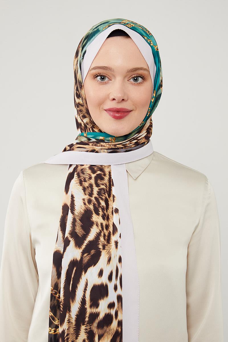 Fivescarf Zümrüt Leopar Desen Violet Medine İpeği Şal