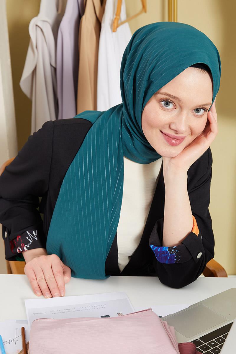 Fivescarf Zümrüt Yeşili Çizgili Desen Mood Medine İpeği Şal