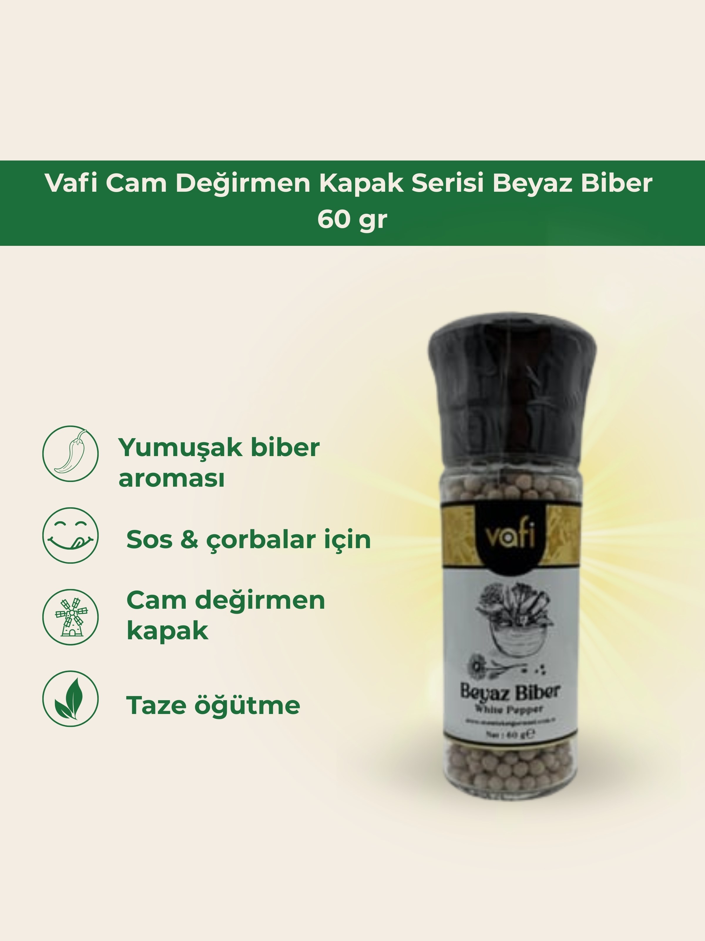 Vafi Cam Değirmen Kapak Serisi Beyaz Biber 60 gr 1 ADET