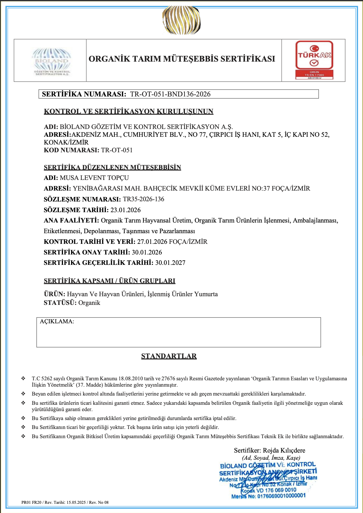 Organik Tarım Sertifikası 1