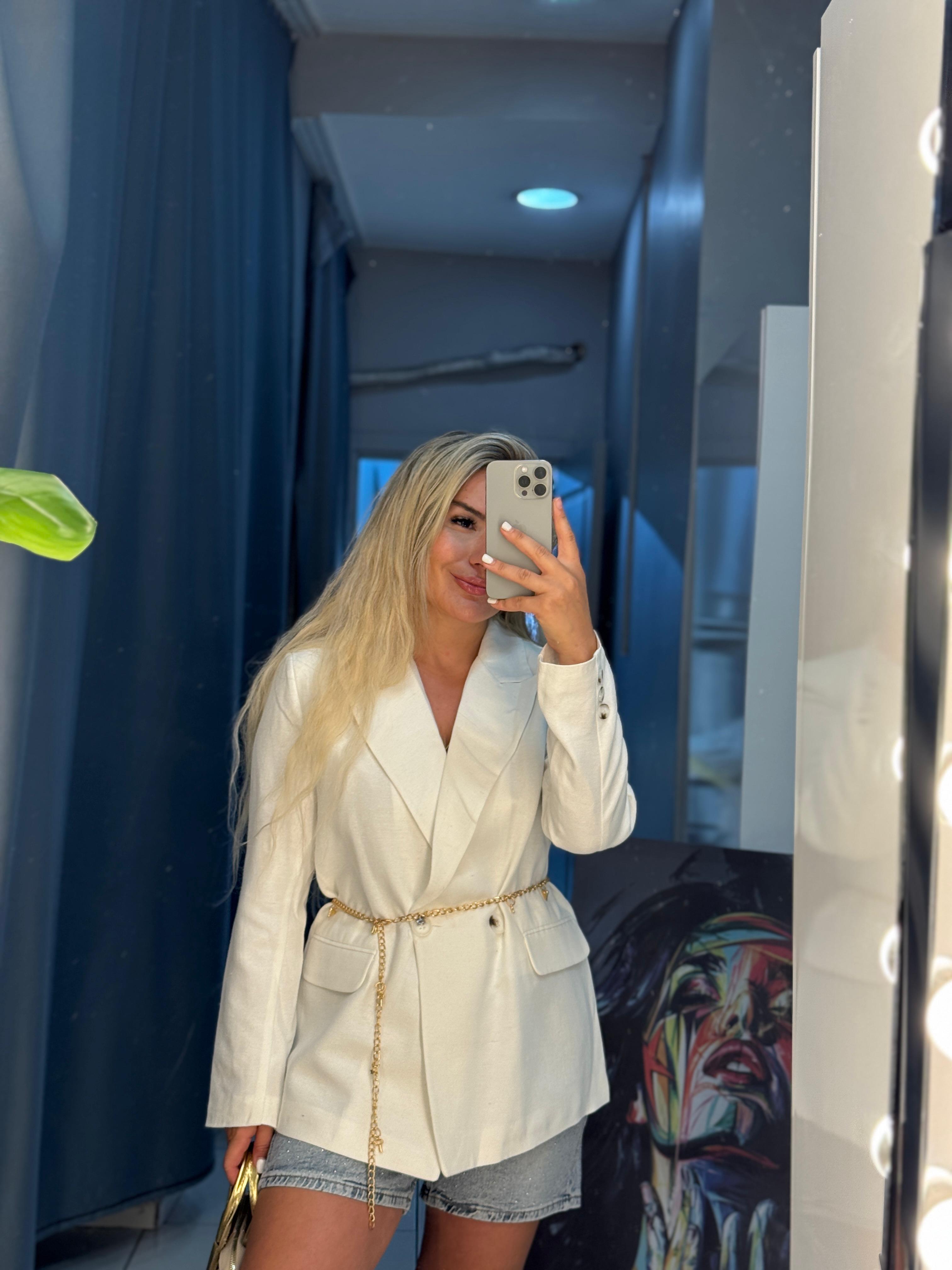 Keten çift düğmeli Blazer astarlı