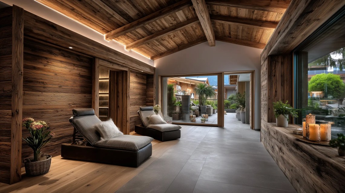 Ahşap ve mermer döşemeli lüks ev tipi spa dinlenme odası tasarımı
